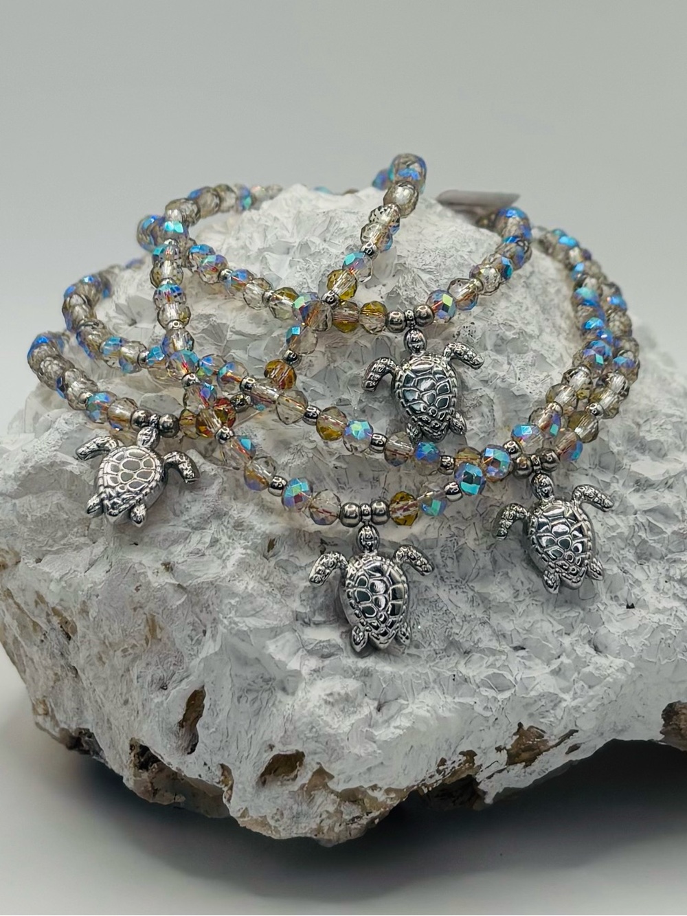 *ANKLET* S. Steel Silver Sea Turtle & AB Sunset Colors Stretchy Anklet - Picture 7 of 7